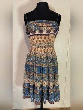 Smocked Strapless Blue Multi-Print Sundress